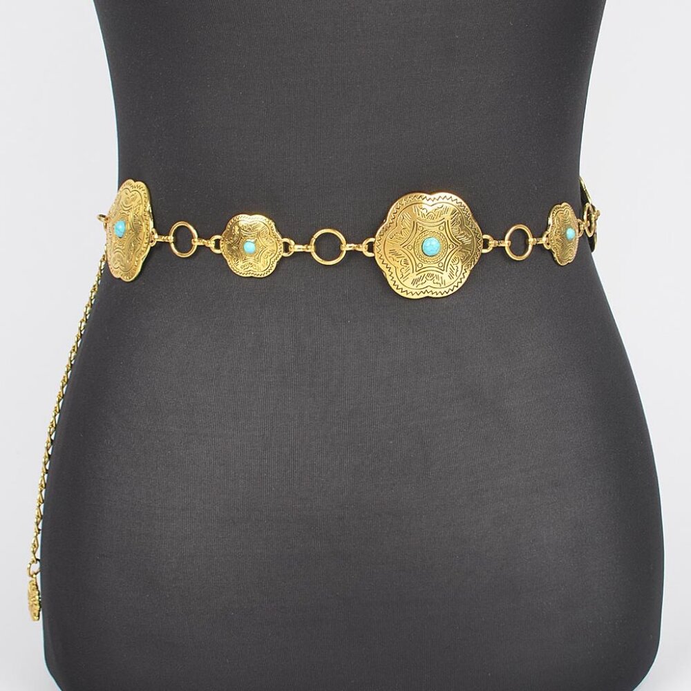 Antique Gold Metal Chain Belt W/Turquoise